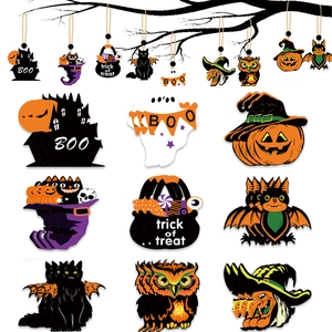 Set of 9 Halloween wooden ornaments featuring pumpkin ghost and witch for party decor