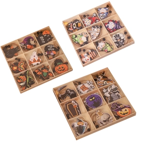 Halloween wooden gnome ornaments set featuring pumpkin ghost and bat for home garden decor
