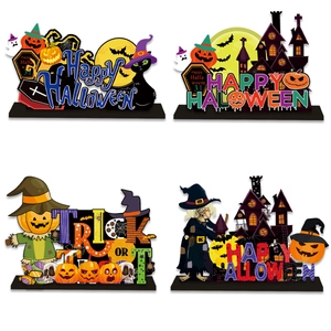 Holz Halloween Tischdeko Set mit Kürbissen, Hexen und gruseligen Motiven im Set