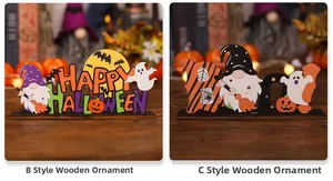 Detail of wooden Halloween table signs featuring gnomes, pumpkins, and spooky letters