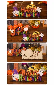 Detail of Halloween wooden table signs with Happy Halloween and Trick or Treat motifs