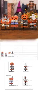Detailed view of Halloween wooden ornaments with pumpkin and skull UV printing designs