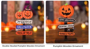 Detail of Halloween wooden tabletop signs featuring pumpkins and spooky party slogans