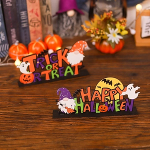 Cartoon Halloween wooden table signs with ghost, pumpkin and trick or treat lettering