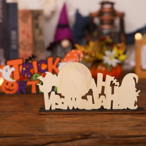 Wooden Halloween gnome table ornament with Halloween lettering on a black base