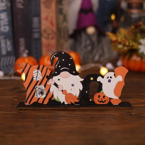 Halloween BOO wooden table sign decoration with gnome and pumpkin party decor