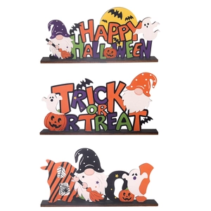 Three-piece Halloween wooden desktop signs featuring pumpkin, ghost and gnome designs