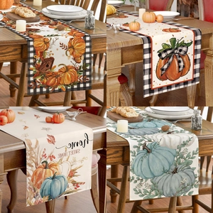 Linen table runner set with pumpkin prints for Thanksgiving and harvest home decor