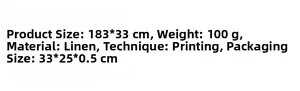 Detailed table runner specifications: 183x33cm linen fabric with printed patterns