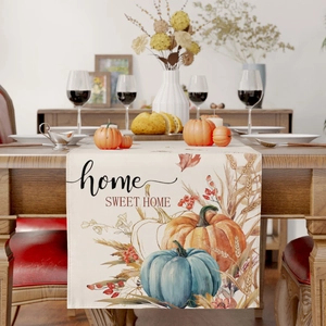 Linen table runner with pumpkins and home SWEET HOME text for Harvest festival decor