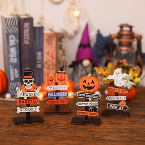 Halloween wooden tabletop signs featuring pumpkins, ghosts, and skulls set of four pieces