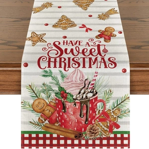 Detailed Christmas table runner with Have a Sweet Christmas text and holiday graphics