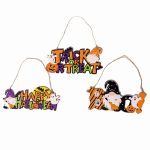 Set di 3 decorazioni di Halloween in legno con gnomi senza volto e motivi di zucca