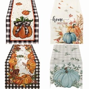 Linen table runner set with autumn pumpkin and maple leaf prints for fall home decor