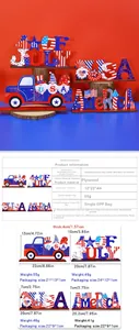 Detailed view of four 4th of July wooden Independence Day ornaments with USA lettering