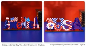 Detail of America and USA wooden patriotic letter signs with gnome and stripe design