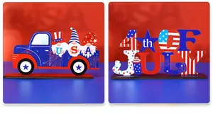 Detail of wooden 4th of July ornaments with gnomes and USA letters for festive home decor
