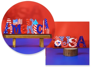 Detailed view of USA and AMERICA wooden signs with Independence Day patriotic motifs