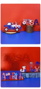 Macro detail of USA Independence Day wooden ornaments with star and stripe patterns