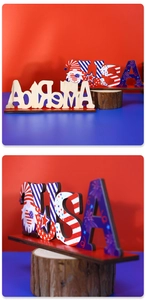 Detailed view of America and USA wooden gnomes ornaments on stands for July 4th decor