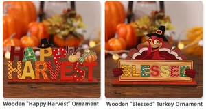 Dettagli di insegne in legno Happy Harvest e Blessed con zucca e tacchino decorativo