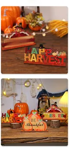 Dettaglio dei cartelli in legno Blessed Turkey e Happy Harvest per decorazioni autunnali