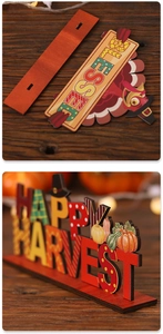 Dettaglio di decorazioni in legno Happy Harvest e Blessed per il Ringraziamento