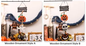 Detail of wooden Halloween hanging signs with pumpkin ghost and bat for door decoration