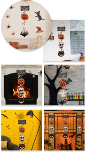 Multi-scene display of Happy Halloween wooden signs with pumpkin and ghost hanging ornaments