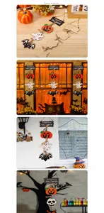 Nahaufnahme von Halloween-Holzanhängern mit Kürbis, Geist und Fledermaus an einer Schnur