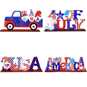 Set of 4 American Independence Day wooden ornaments featuring USA stars and stripes