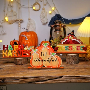 Set di 3 decorazioni da tavola in legno per il Ringraziamento con zucca, tacchino e temi