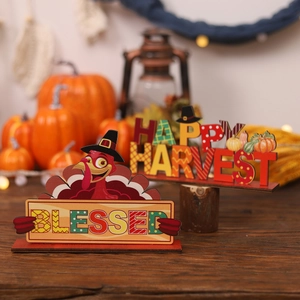 Insegne da tavolo in legno Blessed e Happy Harvest con tacchino e zucca per il Ringraziamento