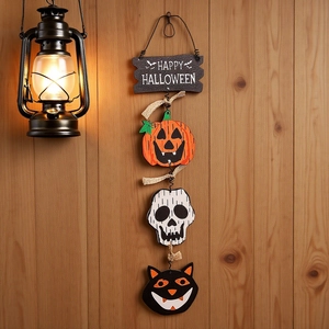 Targa per porta di Halloween in legno con zucca, fantasma e gatto nero da appendere