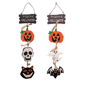 2-pack wooden Halloween hanging decorations featuring pumpkins, ghosts and skulls