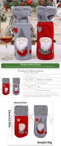 Detail view of plush Christmas gnome wine bottle covers with drawstring and size dimensions