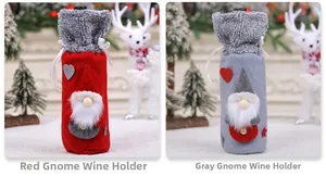Detail of red and gray Christmas gnome wine bottle covers with velvet fabric and ribbons