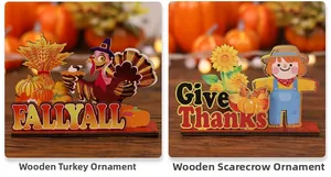 Detail of wooden fall decor featuring Thanksgiving turkey and scarecrow table centerpieces
