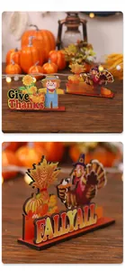Detail showing Give Thanks and Fall Yall wooden tabletop signs with autumn decorations