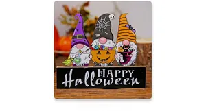 Three Halloween gnomes wooden desk decor with Happy Halloween text and pumpkin elements