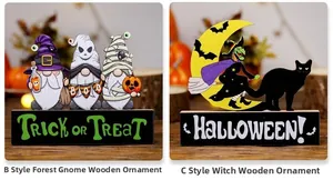Detail of wooden Halloween gnomes and witch tabletop decorations with Trick or Treat text