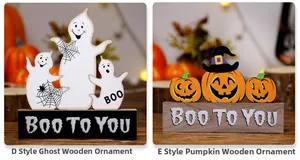 Detail of wooden Halloween tabletop decor featuring spooky ghosts and festive pumpkins