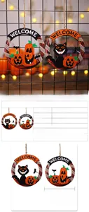 Dettaglio di pendenti in legno per Halloween con zucca e gatto nero con specifiche tecniche