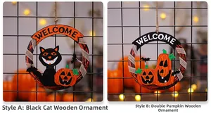 Dettagli di targhe di benvenuto di Halloween in legno con gatto nero e decorazioni zucca