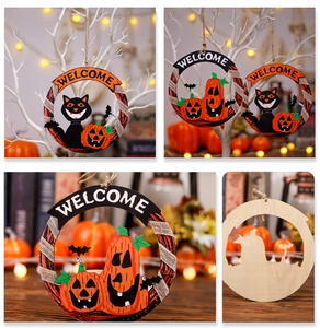 Dettagli dei cartelli di benvenuto in legno di Halloween tagliati al laser con gatto e zucca