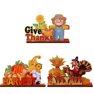Wooden Thanksgiving table decorations with gnome, turkey and harvest festive elements