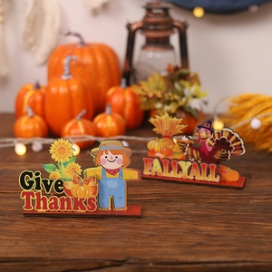 Thanksgiving wooden table decor set featuring turkey and scarecrow harvest elements