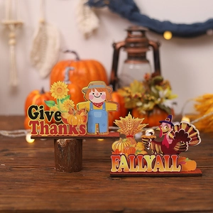 Set of two Thanksgiving wooden table signs with scarecrow pumpkin and turkey decor