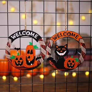 Pendaglio in Legno Halloween Targa Porta Welcome Motivo Gatto Nero Zucca Pipistrello Decorazione Sospesa Festa Vintage Parete Casa