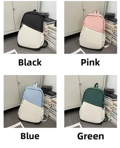 Four different colors of nylon business backpacks shown in a 2x2 grid desk setting